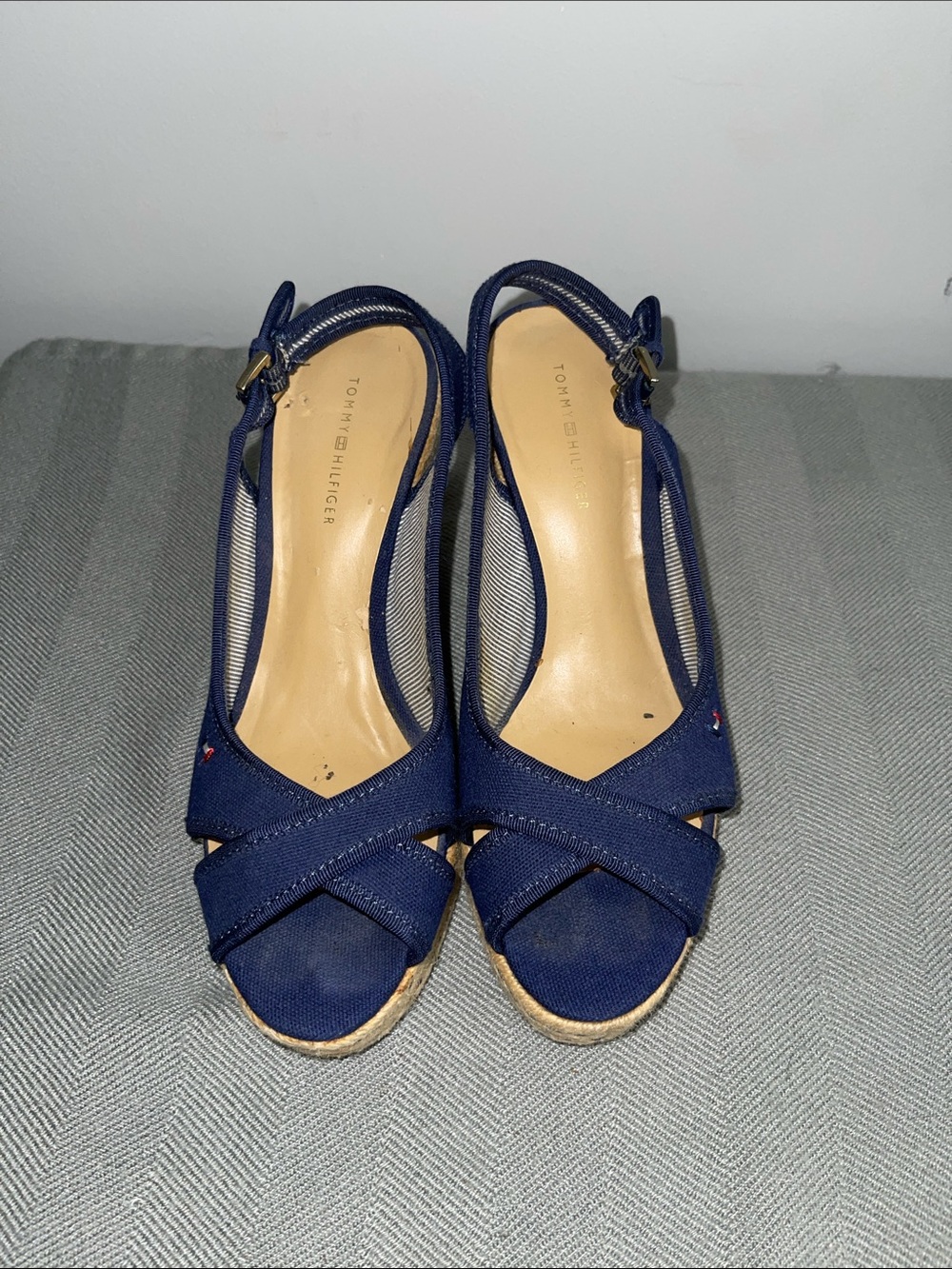 Tommy Hilfiger Navy Crisscross Slingback Wedge Sandals. //cod #C3